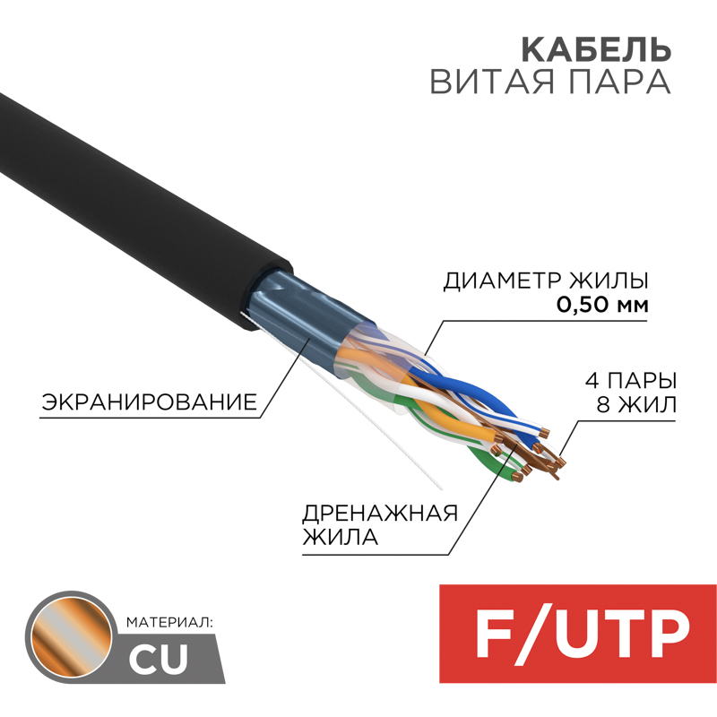Кабель витая пара F/UTP, CAT 5e, PE, 4PR, 24AWG, внешний, однопроволочный, черный, 305м (коробка) REXANT