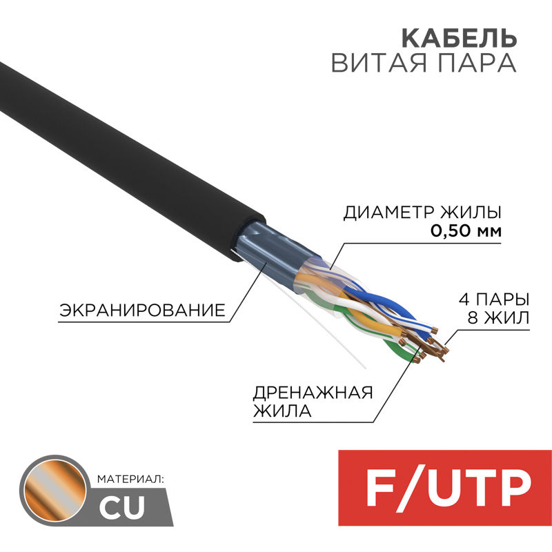 Кабель витая пара F/UTP, CAT 5e, LSZH нг(А)-HF, 4PR, 24AWG, внешний, однопроволочный, черный, 305м REXANT