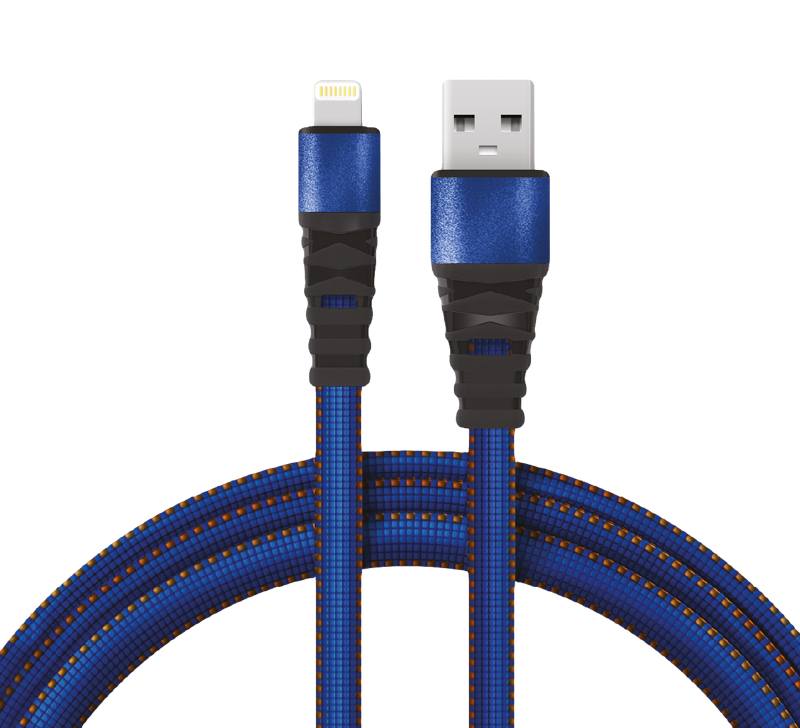 Кабель USB-A – Lightning, 2,4A, 1м, в синей нейлоновой оплетке, плоский REXANT