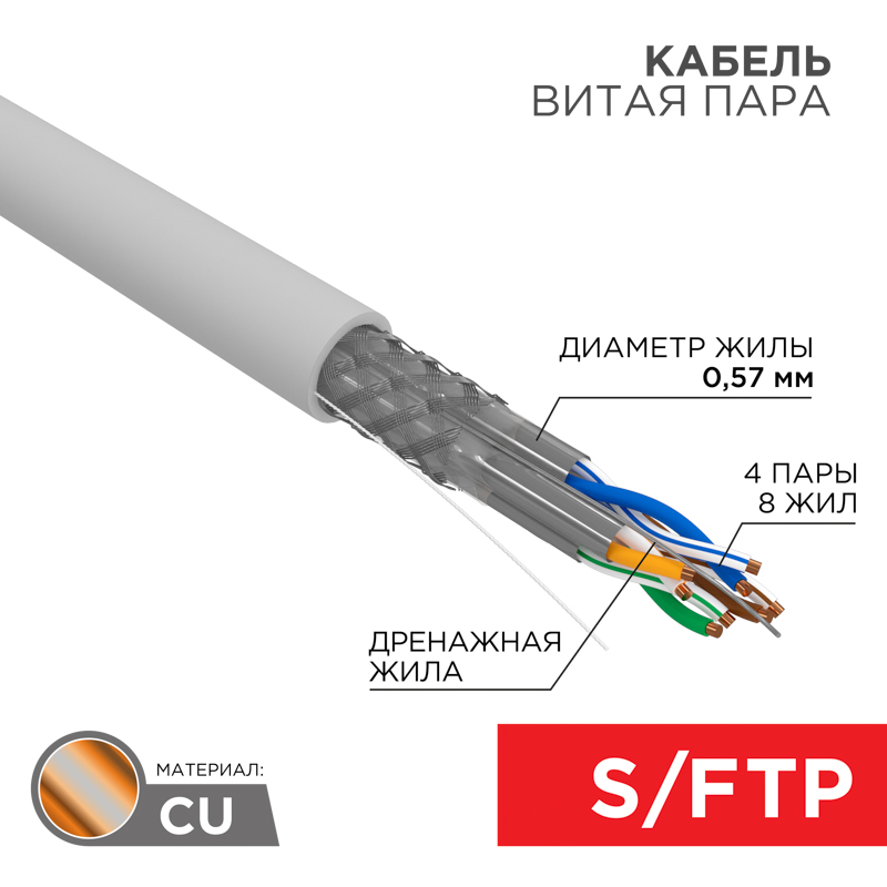Кабель витая пара S/FTP, CAT 7, PVC, 4PR, 23AWG, внутренний, однопроволочный, серый, 305 м REXANT ПРОЕКТ