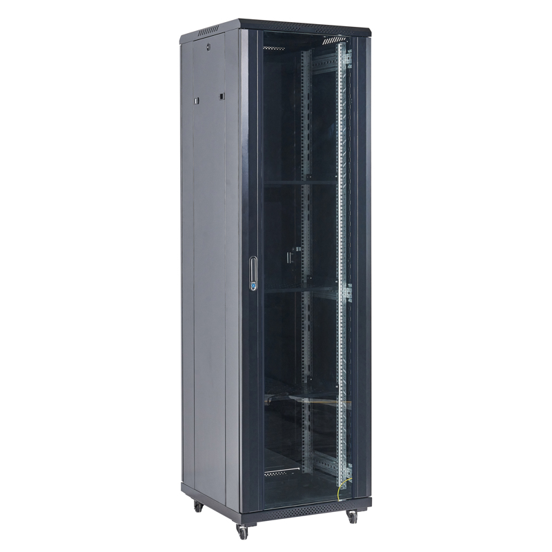 Шкаф телекоммуникационный напольный 19" 42U 600×800×2054мм, дверь стекло, задняя дверь металл, разборный, черный (RAL 9005) REXANT
