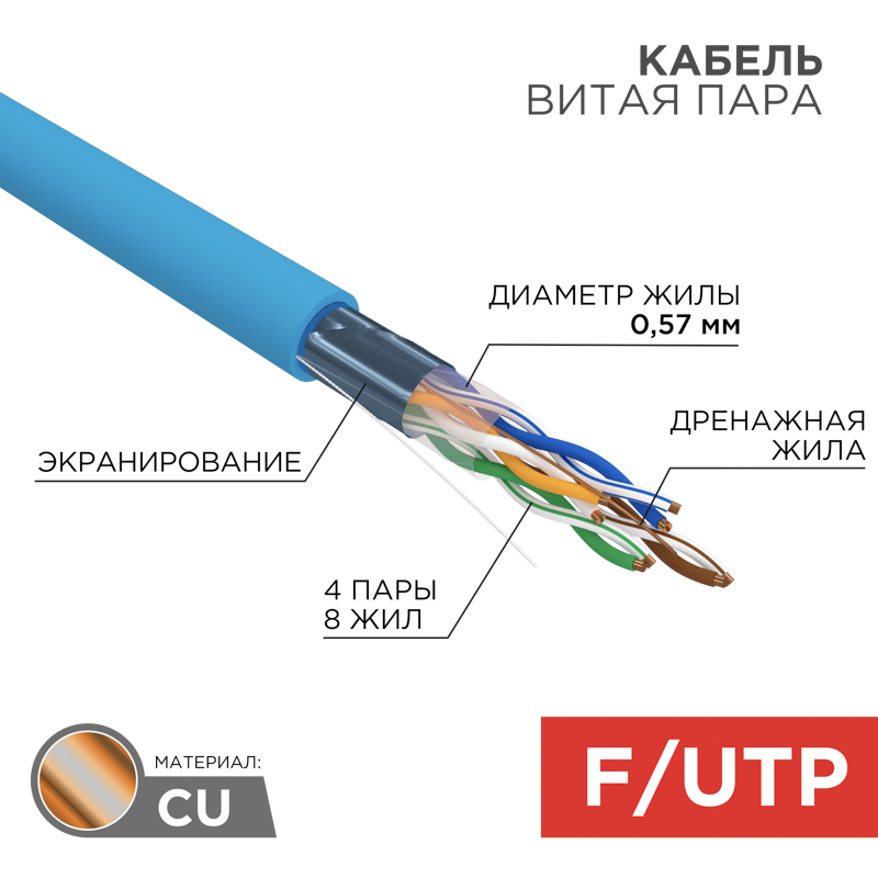 Кабель витая пара F/UTP, CAT 6, PVC, 4PR, 23AWG, внутренний, однопроволочный, синий, 305 м REXANT