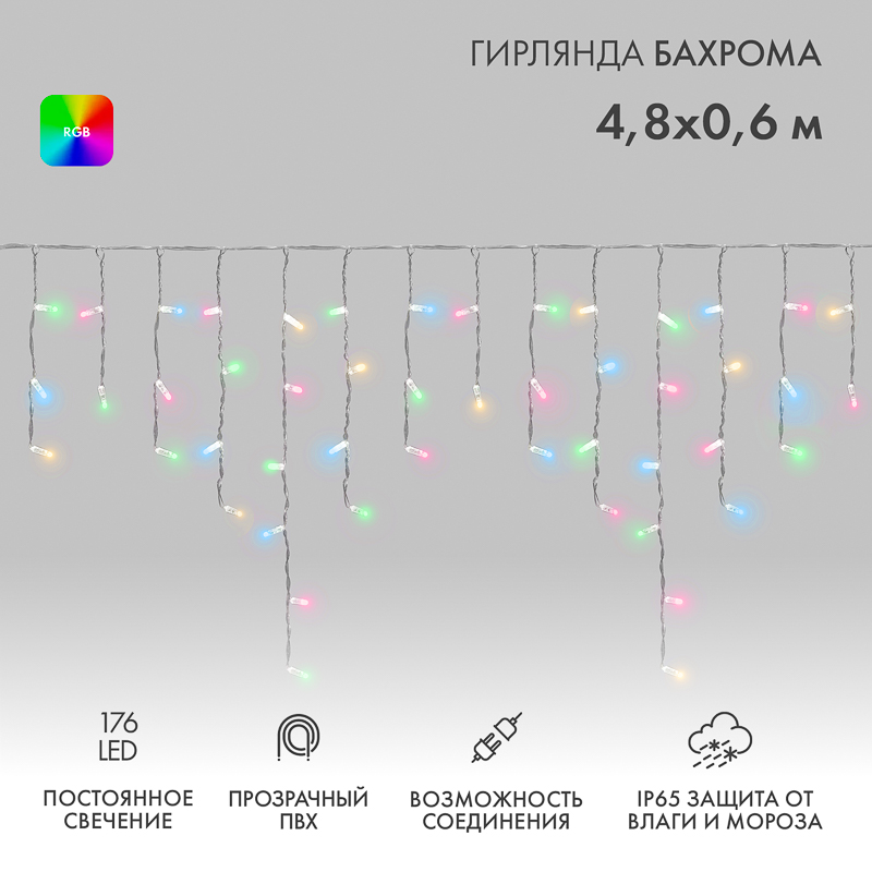 Гирлянда светодиодная Бахрома (Айсикл) 4,8х0,6м 176 LED RGB прозрачный ПВХ IP65 свечение с динамикой 230В нужен контроллер 245-908 NEON-NIGHT