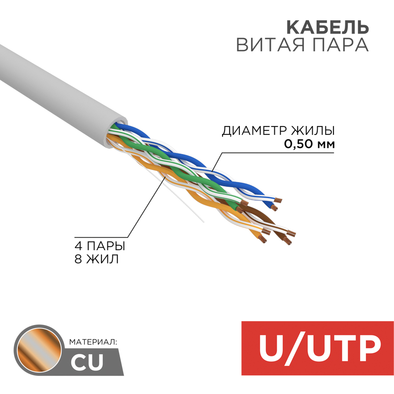 Кабель витая пара U/UTP, CAT 5e, PVC, 4PR, 24AWG, внутренний, однопроволочный, серый, 50м REXANT