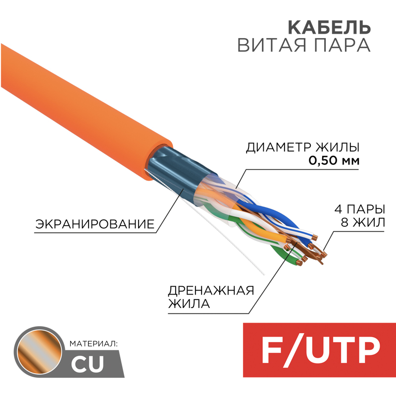 Кабель витая пара F/UTP, CAT 5e, LSZH нг(А)-HF, 4PR, 24AWG, внутренний, однопроволочный, оранжевый, 305м REXANT