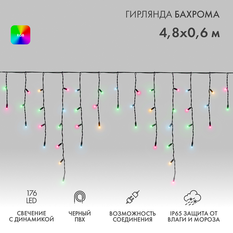 Гирлянда светодиодная Бахрома (Айсикл) 4,8х0,6м 176 LED RGB черный ПВХ IP65 свечение с динамикой 230В нужен контроллер 245-908 NEON-NIGHT