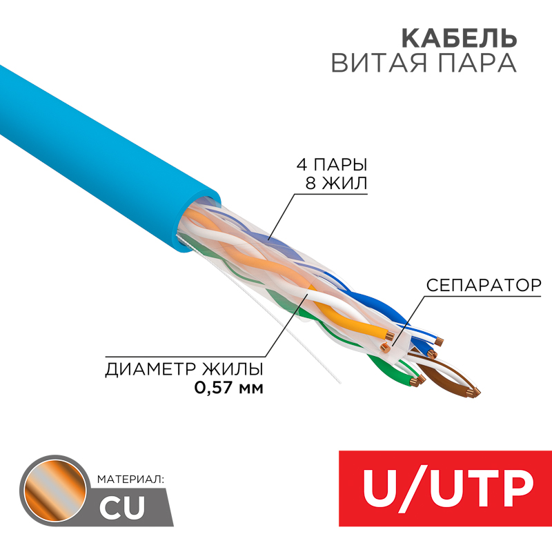 Кабель витая пара U/UTP, CAT 6, PVC, 23AWG, внутренний, однопроволочный, синий, 305 м REXANT