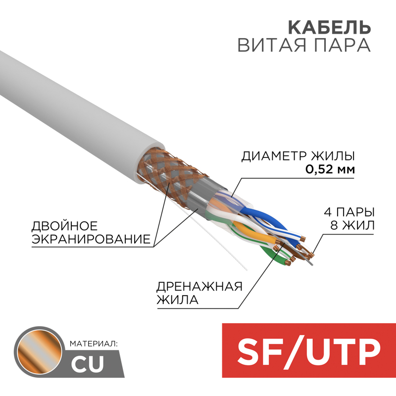 Кабель витая пара SF/UTP, CAT 5e, PVC, 4PR, 24AWG, внутренний, однопроволочный, серый, 305м REXANT