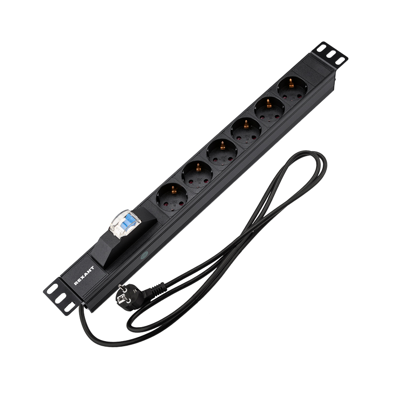 Блок распределения питания PDU горизонтальный 1U 6 розеток СЕЕ 7/4 Schuko 16A автомат защиты алюм корп шнур 2м вилка СЕЕ 7/7 Schuko черный REXANT