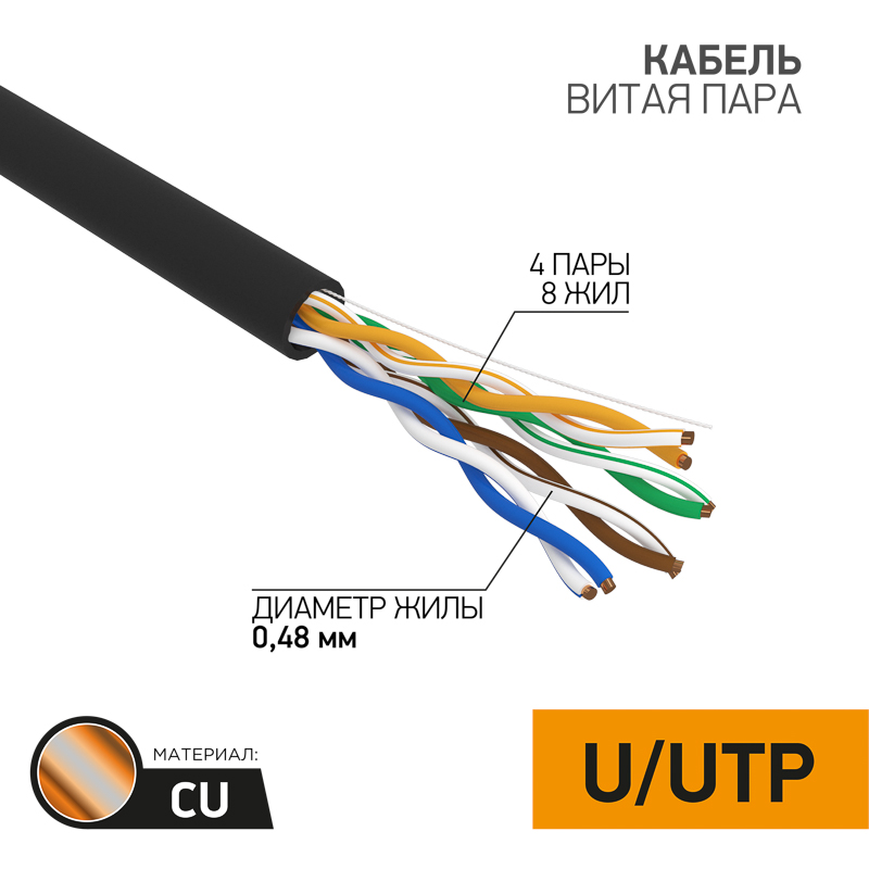 Кабель витая пара U/UTP, CAT 5e, PE, 4PR, 24AWG, внешний, однопроволочный, черный, 305м PROconnect
