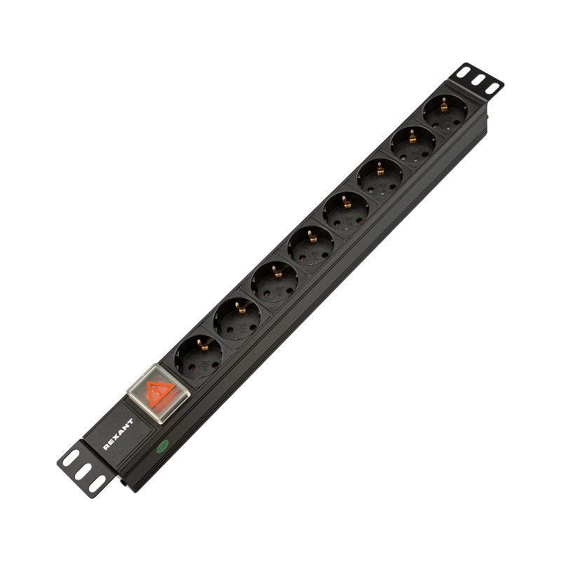 Блок распределения питания PDU горизонтальный 1U 8 розеток СЕЕ 7/4 Schuko 10A выкл алюм корп гнездо C14 черный REXANT