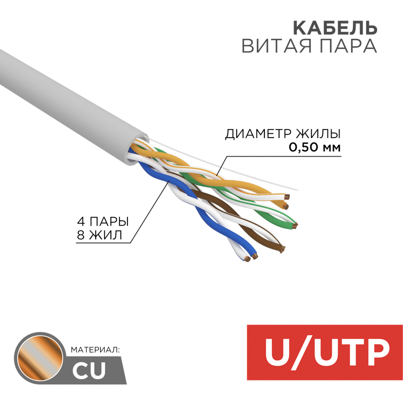 Кабель витая пара U/UTP, CAT 5e, LSZH нг(А)-HF, 4PR, 24AWG, внутренний, однопроволочный, серый, 305м REXANT