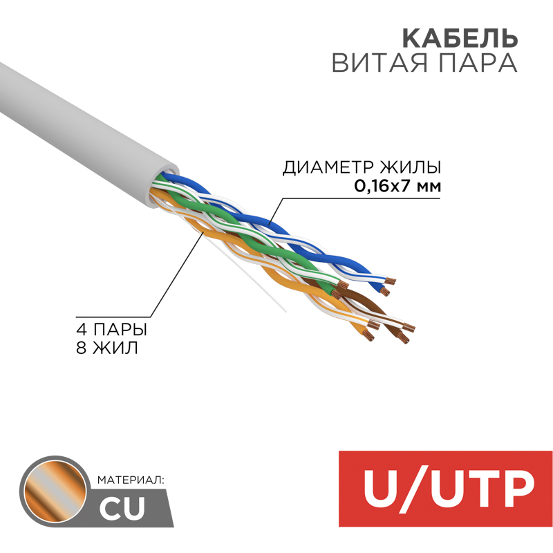 Кабель витая пара U/UTP, CAT 5e, PVC, 4PR, 24AWG, внутренний, многопроволочный, серый, 305м REXANT