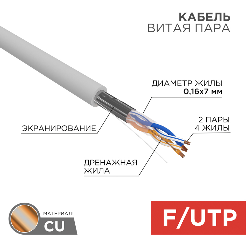 Кабель витая пара F/UTP, CAT 5e, PVC, 2PR, 24AWG, внутренний, многопроволочный, серый, 305м REXANT