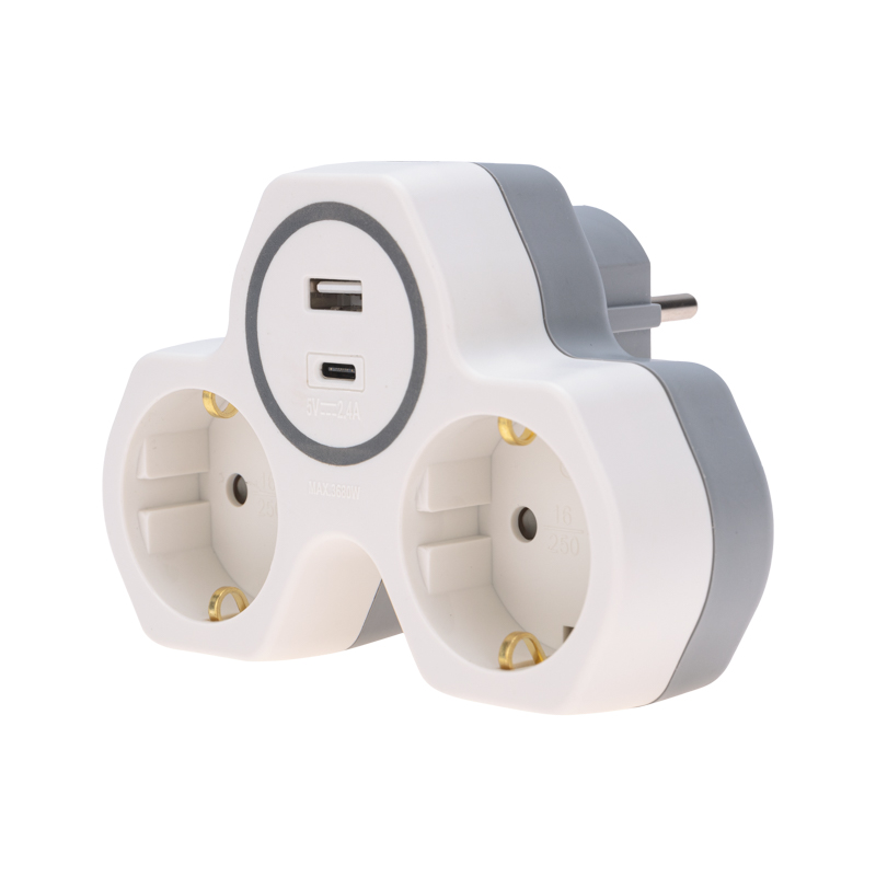 Двойник электрический (разветвитель) 16А с/з, разъемы USB-A и USB-C с защитными шторками, белый REXANT