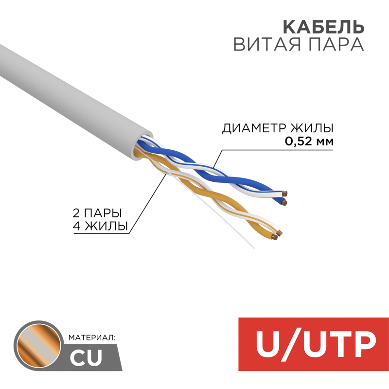 Кабель витая пара U/UTP, CAT 5e, LSZH нг(А)-HF, 2PR, 24AWG, внутренний, однопроволочный, серый, 305м REXANT
