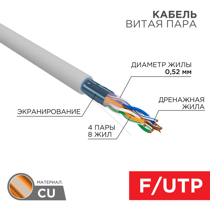Кабель витая пара F/UTP, CAT 5e, PVC нг(А)-LS, 4х2х0,52мм, 24AWG, внутренний, однопроволочный, серый, 305м, РФ REXANT