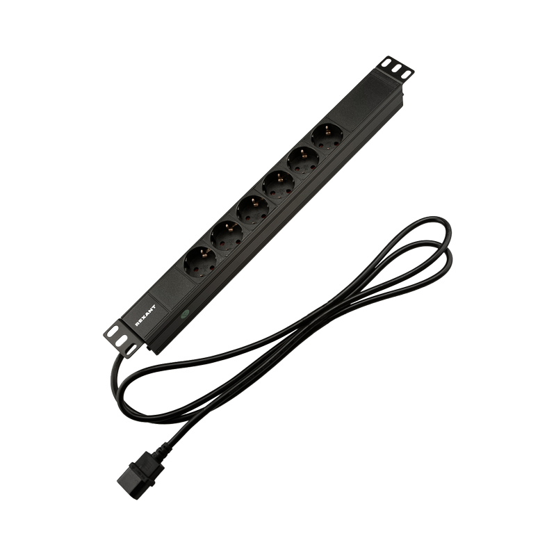 Блок распределения питания PDU горизонтальный 1U 6 розеток СЕЕ 7/4 Schuko 10A без выкл алюм корп шнур 2м вилка C14 черный REXANT