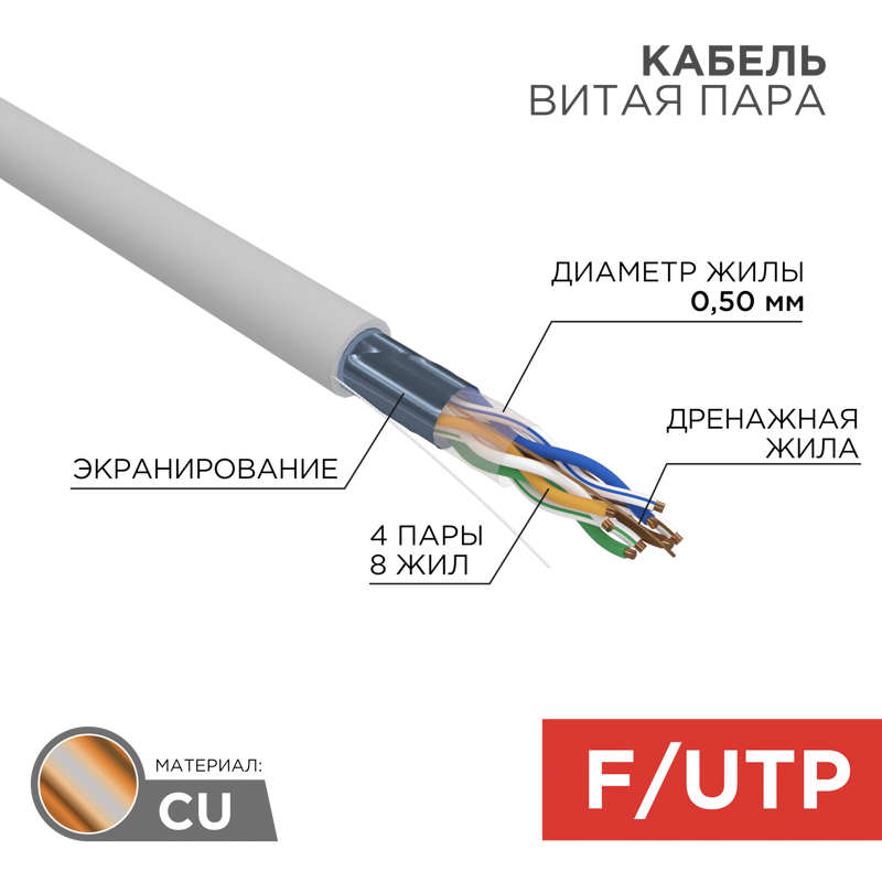 Кабель витая пара F/UTP, CAT 5e, LSZH нг(А)-HF, 4PR, 24AWG, внутренний, однопроволочный, серый, 305м REXANT