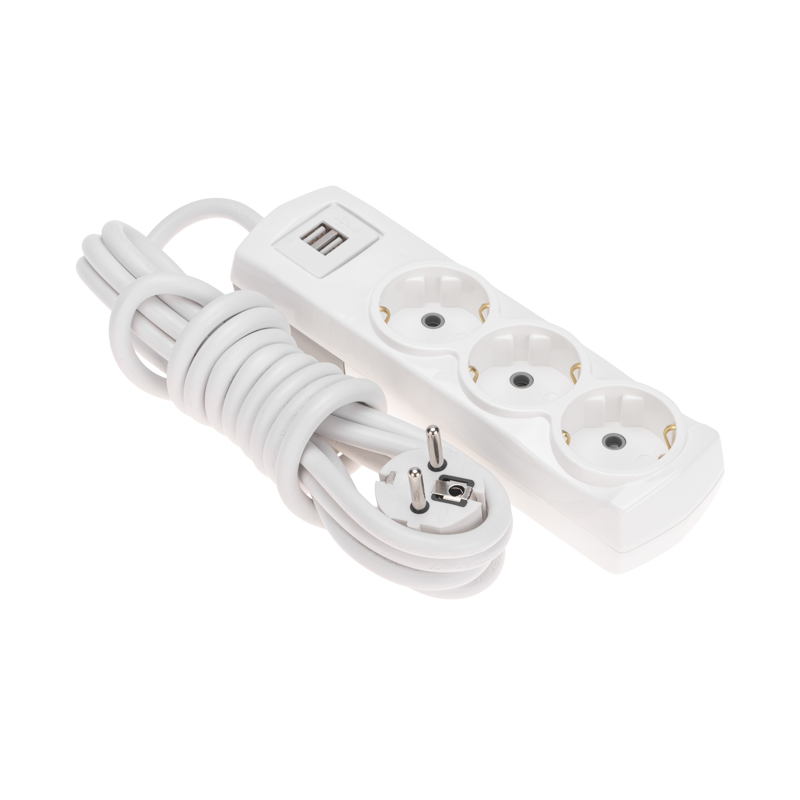 Удлинитель ПРЕМИУМ 3 гнезда, 3м, 3х1,5мм², с/з, 2 USB-разъема, белый REXANT