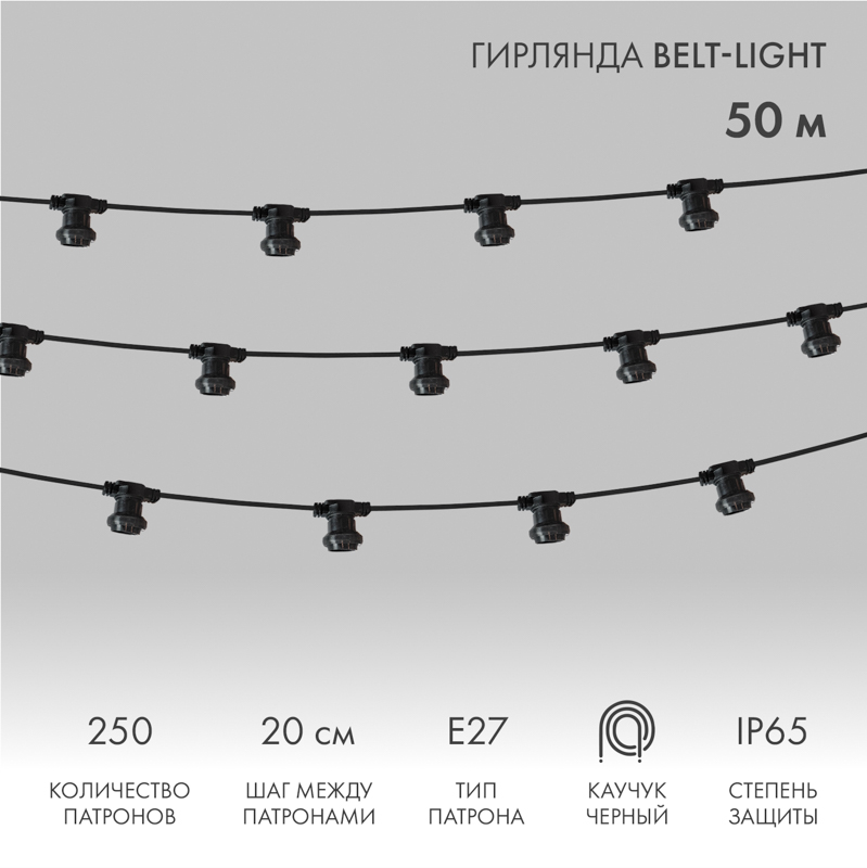 Гирлянда Белт-Лайт 2 жилы, 50м, шаг 20см, 250 патронов E27, IP65, черный плоский провод каучук NEON-NIGHT