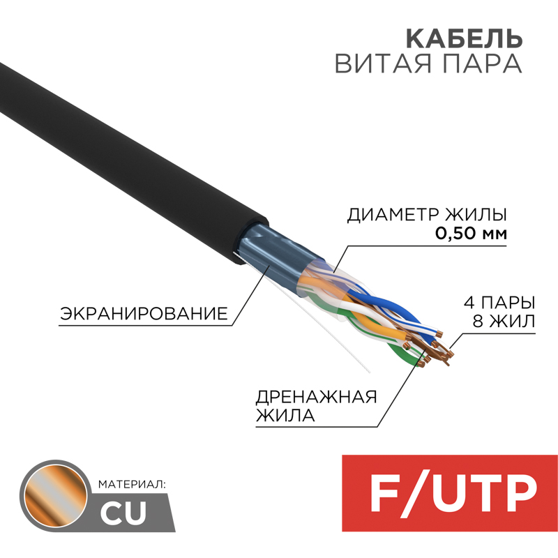 Кабель витая пара F/UTP, CAT 5e, PE, 4PR, 24AWG, внешний, однопроволочный, черный, 305м (барабан) REXANT