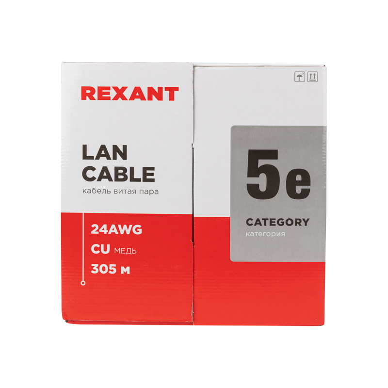 Кабель витая пара U/UTP, CAT 5e, LSZH нг(А)-HF, 4PR, 24AWG, внешний, однопроволочный, черный, 305м REXANT