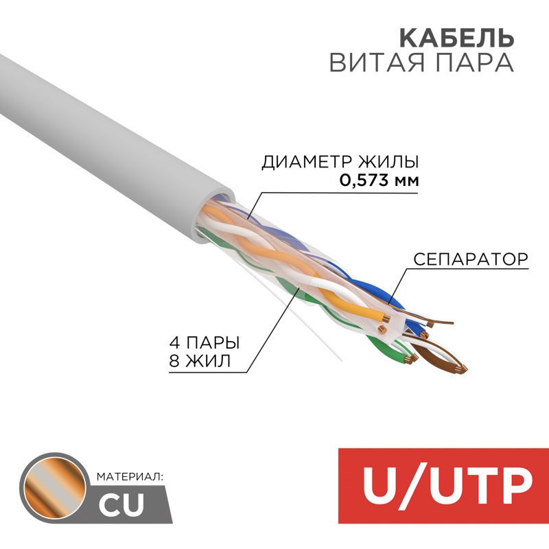 Кабель витая пара U/UTP, CAT 6, LSZH нг(А)-HF, 4PR, 23AWG, внутренний, однопроволочный, серый, 305 м REXANT