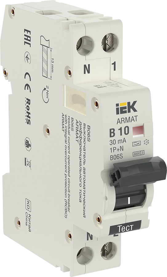 ARMAT Автоматический выключатель дифференциального тока B06S 1P+NP B10 30мА тип A (18мм) IEK