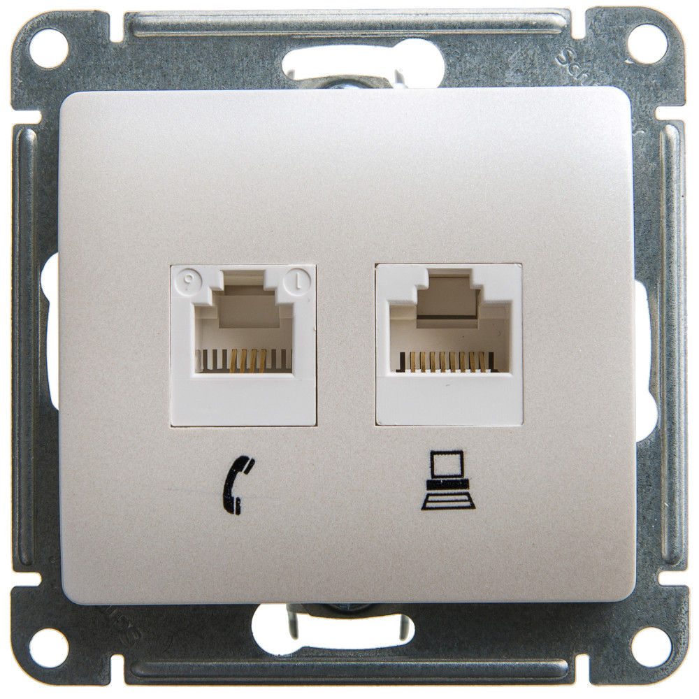 GLOSSA РОЗЕТКА двойная RJ11+RJ45 кат.5e, механизм, ПЕРЛАМУТР