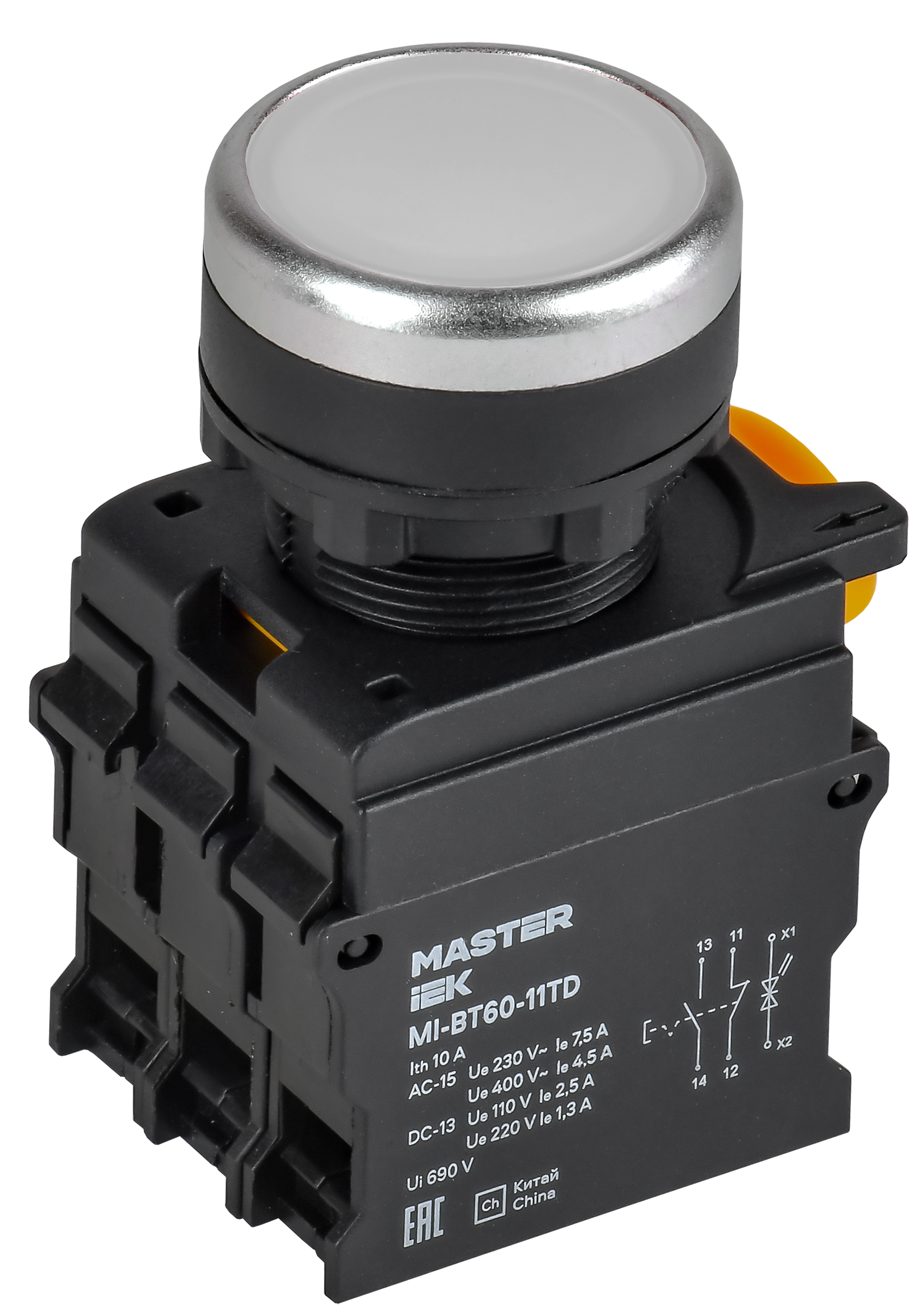 Кнопка с подсветкой и фиксацией d=22мм 1NO+1NC белая MASTER IEK