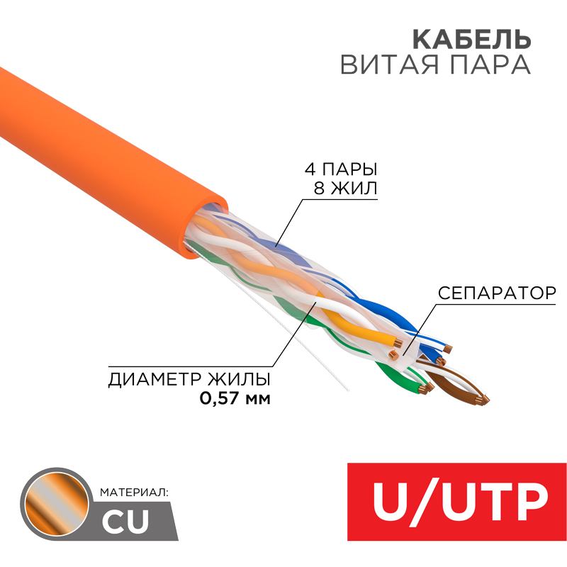 Кабель витая пара U/UTP, CAT 6, LSZH нг(А)-HF, 4PR, 23AWG, внутренний, однопроволочный, оранжевый, 305 м REXANT