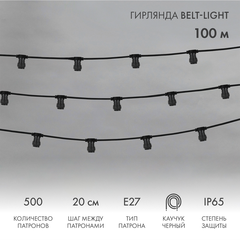 Гирлянда Белт-Лайт 2 жилы, 50м, шаг 20см, 250 патронов E27, IP65, черный плоский провод каучук NEON-NIGHT