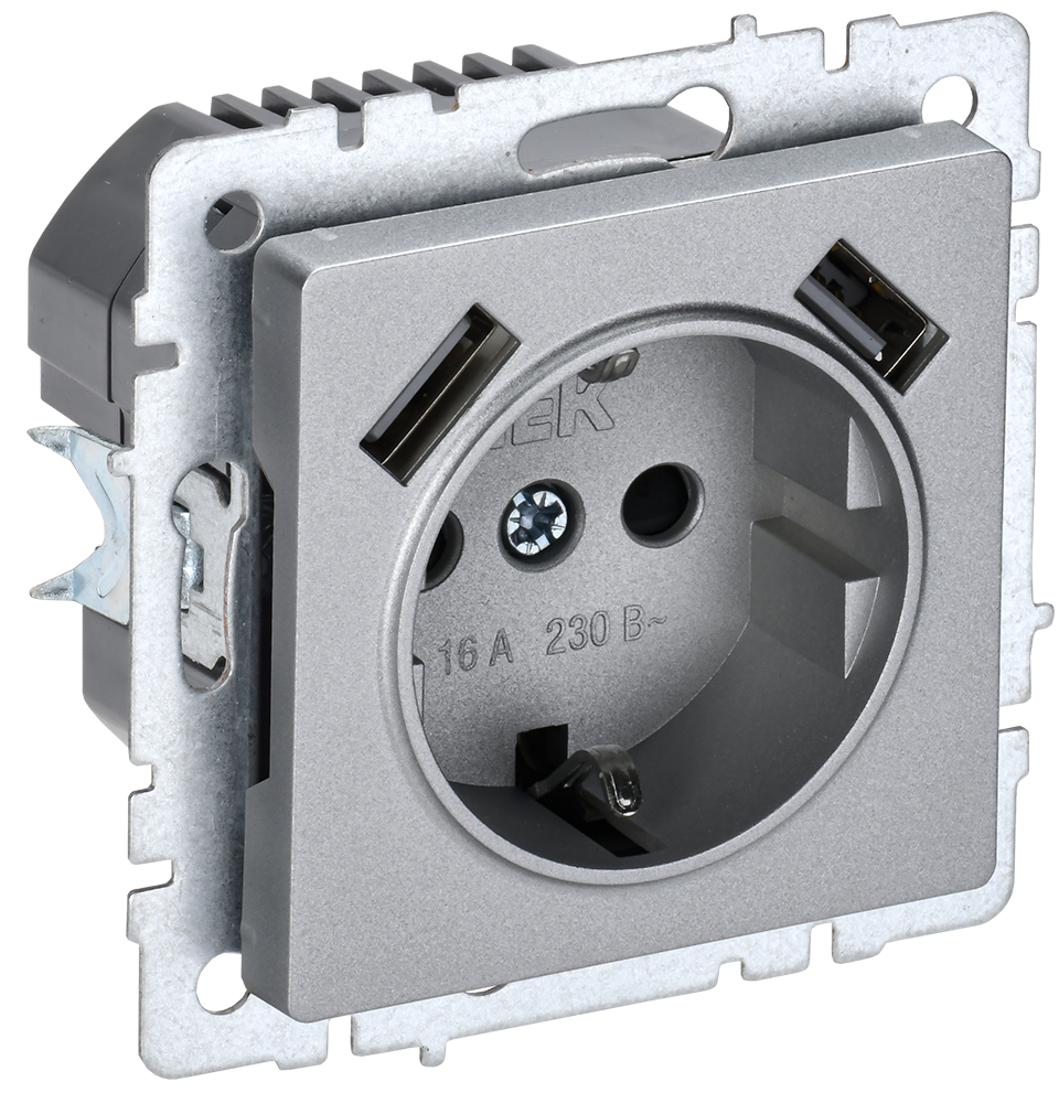BRITE Розетка 1-местная с заземлением с защитными шторками 16А с USB A+A 5В 2,1А РЮш10-1-БрА алюминий IEK