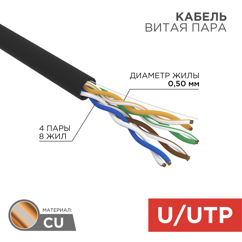 Кабель витая пара U/UTP, CAT 5e, LSZH нг(А)-HF, 4PR, 24AWG, внешний, однопроволочный, черный, 305м REXANT