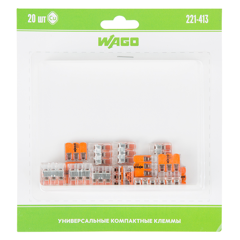 221-413 Универсальная компактная клемма 3-контактная до 4,0 мм² (20 шт/уп) WAGO