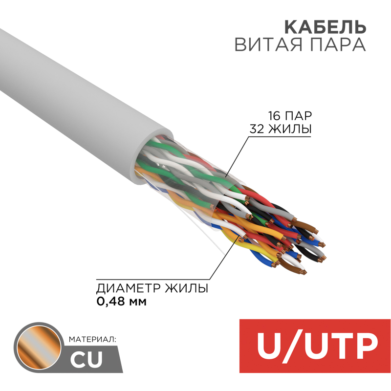 Кабель витая пара U/UTP, CAT 5е, PVC, 16PR, 24AWG, внутренний, однопроволочный, серый, 305м, РФ REXANT