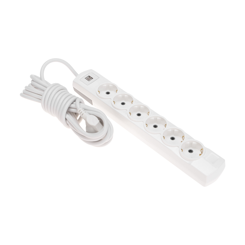 Удлинитель ПРЕМИУМ 6 гнезд, 5м, 3х1,5мм², с/з, 2 USB-разъема, белый REXANT