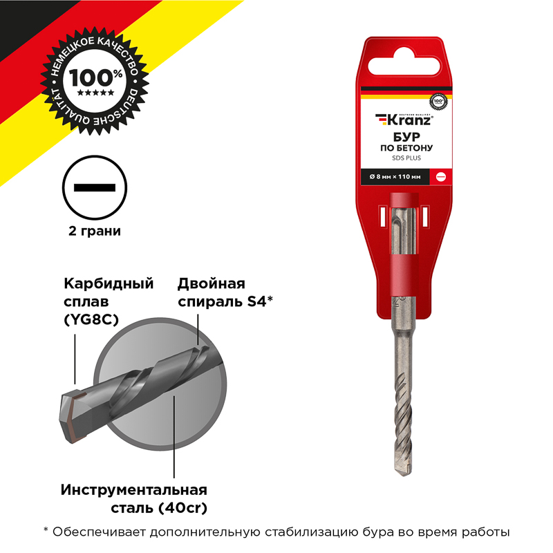 Бур по бетону 8x110x50мм, хвостовик SDS-plus KRANZ