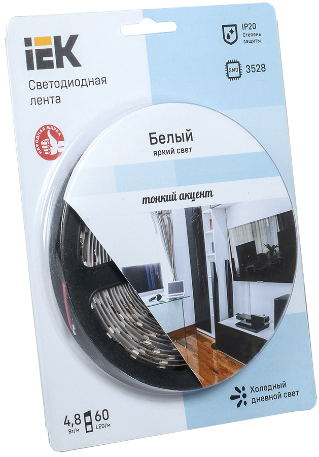 Лента LED 5м блистер LSR-3528W60-4.8-IP20-12V белый цвет IEK-eco