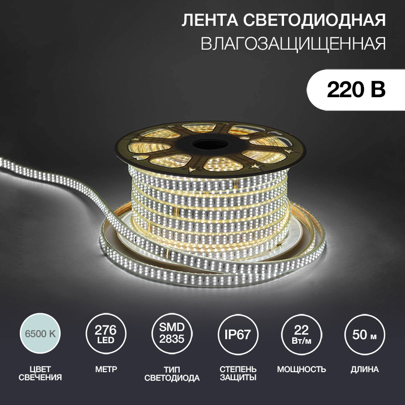 Лента светодиодная 220В, SMD2835, 276 LED/м, Холодный белый, 7,5x20мм, 50м, без установочного набора, IP67 NEON-NIGHT