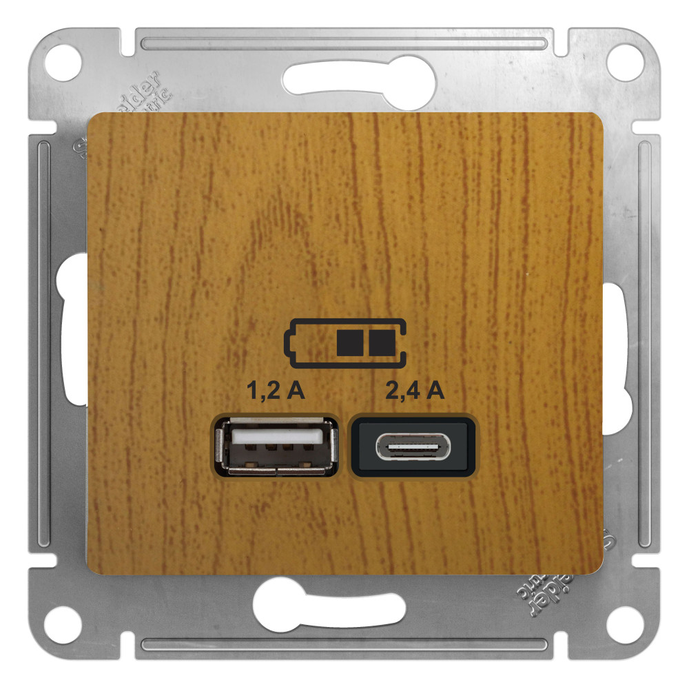 GLOSSA USB РОЗЕТКА А+С, 5В/2,4А, 2х5В/1,2А, механизм, ДУБ