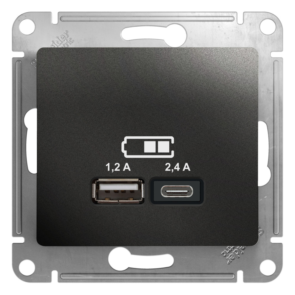 GLOSSA USB РОЗЕТКА А+С, 5В/2,4А, 2х5В/1,2 А, механизм, АНТРАЦИТ