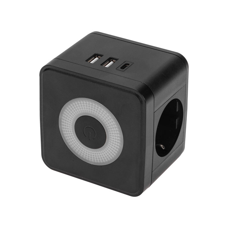 Двойник электрический Куб 16А с/з, 2 разъема USB-A 2,4А, 1 разъем USB-C 3А, с ночной подсветкой, черный REXANT