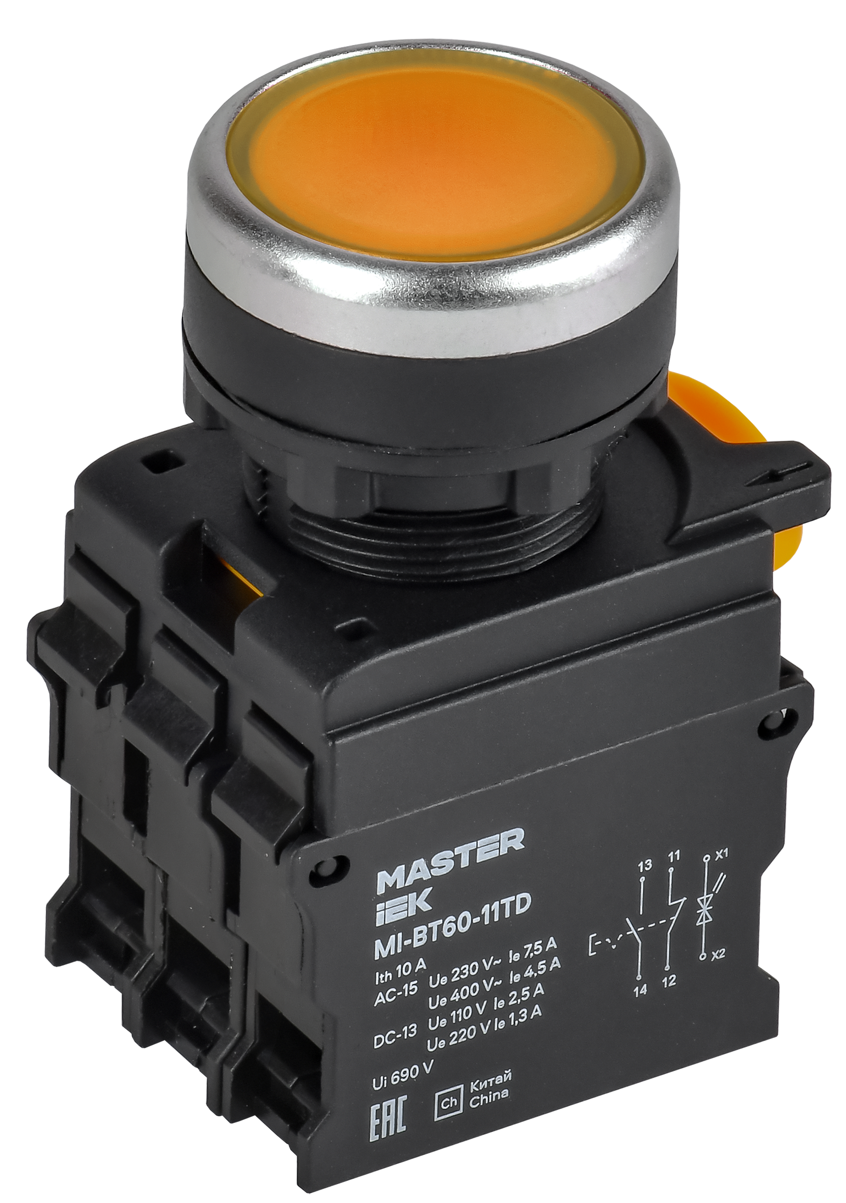 Кнопка с подсветкой и фиксацией d=22мм 1NO+1NC жёлтая MASTER IEK