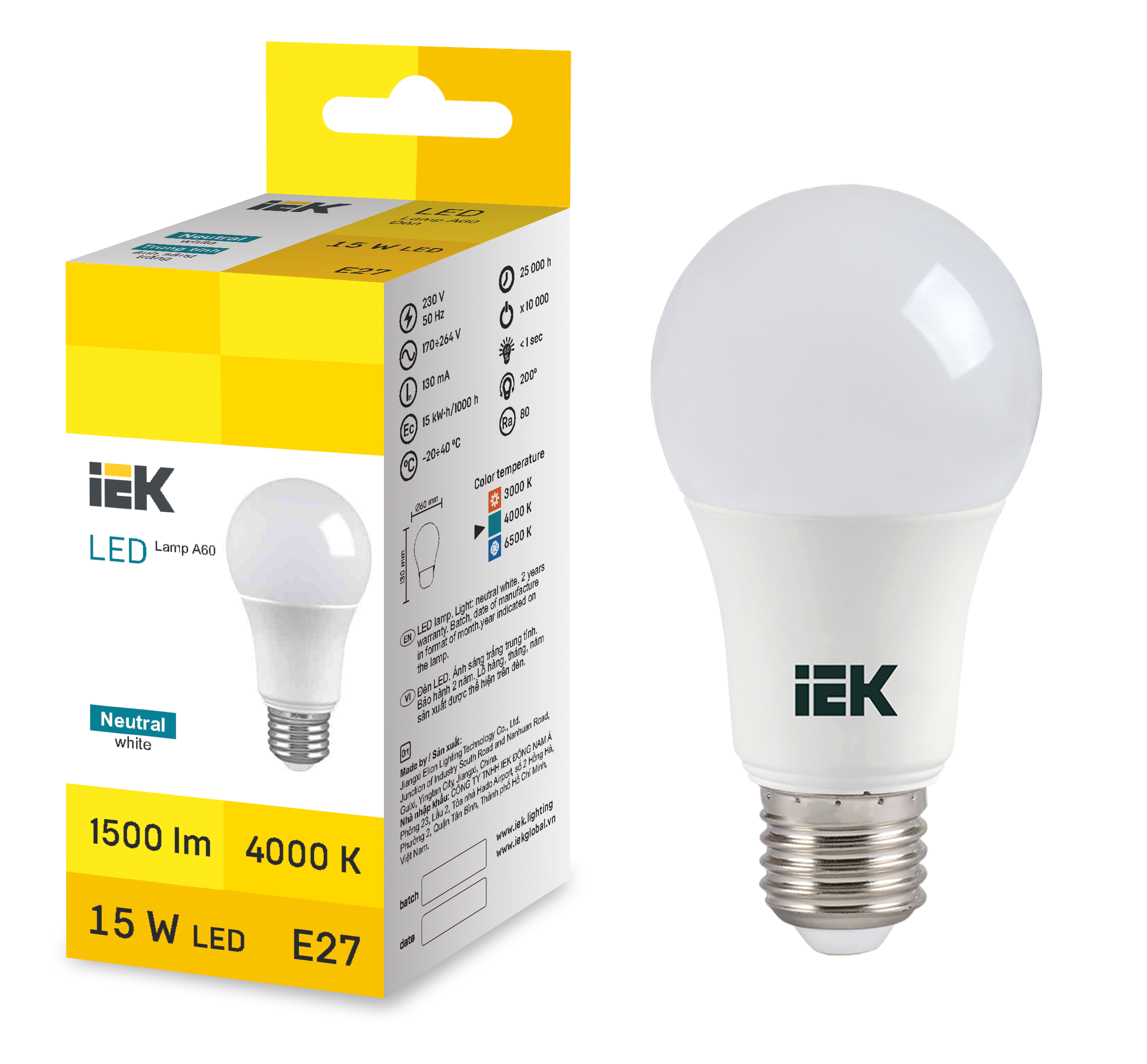 LED Bulb A60 15W 4000K E27 IEK