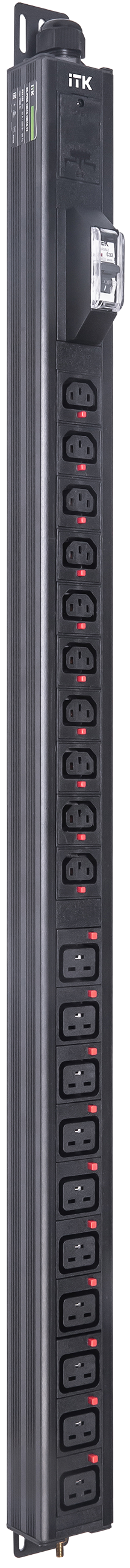 ITK BASE PDU вертикальный PV1102 25U 1 фаза 32А 10 розеток C13 + 10 розеток C19 без кабеля с клеммной колодкой