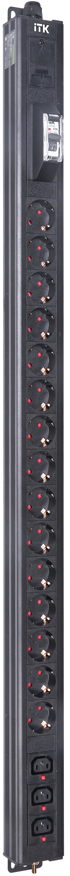 ITK BASE PDU вертикальный PV1111 24U 1 фаза 16А 15 розеток SCHUKO (немецкий стандарт) + 3 розетки C13 кабель 2,6м вилка SCHUKO (немецкий стандарт)