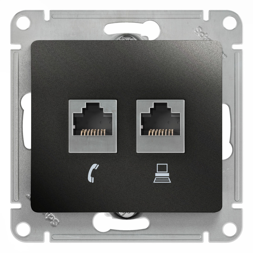 GLOSSA РОЗЕТКА двойная RJ11+RJ45, кат.5Е, АНТРАЦИТ