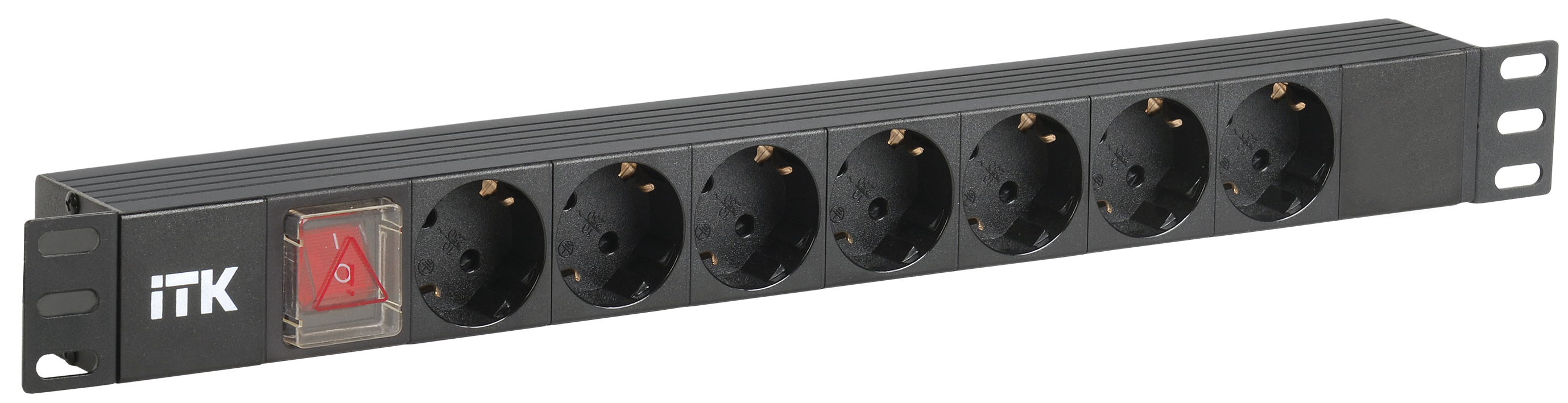 ITK PDU 7 розеток нем. стандарт, с LED выключателем,1U, без шнура, вх. C14, алюминиевый профиль